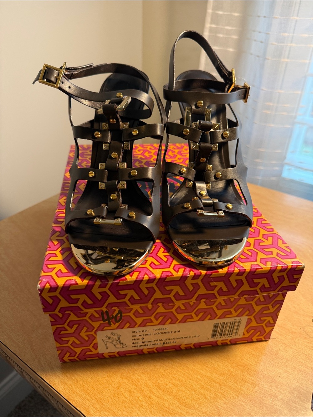 Tory Burch Brown Strappy Studded Platform Sandals with Gold Accents